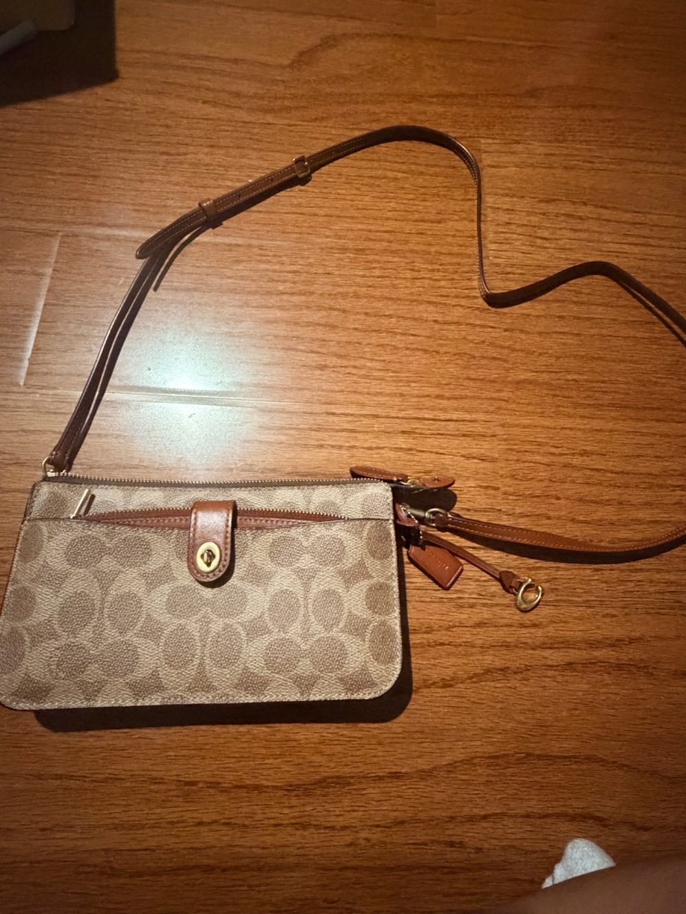 Coach Brown Signature Canvas Crossbody Bag with Tan Leather Trim